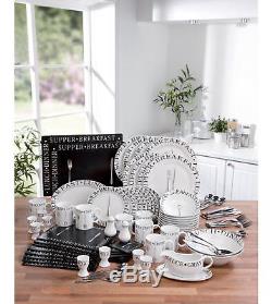 100 Piece Black & White Vintage Script Combination Dinner Breakfast Set Plates