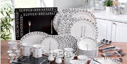 100 Piece Round Black White Dinner Set Service Kitchen Plates Cups Bowls Cutlery