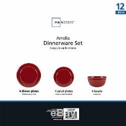 12-Piece Dinnerware Set Round Plates Dishes Bowls Red Dinner Kitchen Service