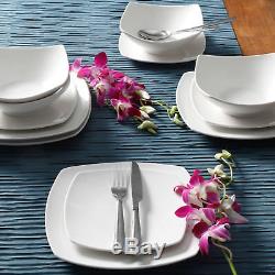 12-Piece Square Dinnerware Set Dinner Dessert Plates Bowls Ceramic White Dishes
