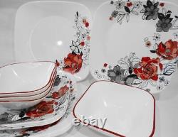 12-pc Corelle CHELSEA ROSE Square DINNERWARE SET Dinner Salad Plates & Bowls