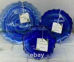 12 pcs set Cobalt Blue Dinner Salad Plate Bowl Glass Swirl Artistic Accents New