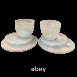 12pc Pearl White Swirl Iridescent Dinner Salad Plates Bowls Artistic Accents NEW