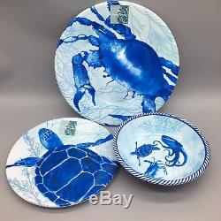 12pc Tommy Bahama Melamine Dinner Salad Plate Bowl Set Turtle Crab Ocean Blue