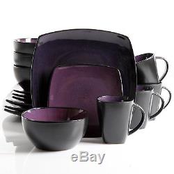 16 32 Piece Dinnerware Set Stylish Square Purple Plates Bowls Mugs Dinner Table