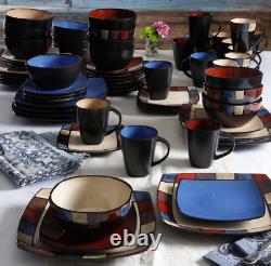 16-Piece Dinnerware Set Plates Bowls Square Kitchen Stoneware Dishes Complete