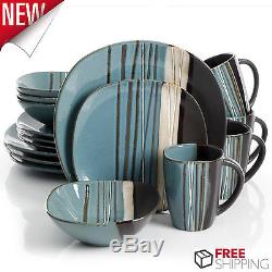 16 Piece Square Dinnerware Set Dishes Dinner Stoneware Plates Kitchen Mugs Blue