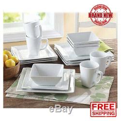 16-Piece Square Porcelain Dinnerware Set White Dinner Plates Dishes Stoneware