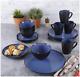 16 Piece Stoneware Round Dinnerware Set Plates Bowls Mugs Service For 4, Blue