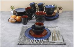 16 Piece Stoneware Round Dinnerware Set Plates Bowls Mugs Service for 4, Blue
