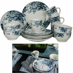 16 Piece Traditional Rose Stoneware Dinnerware Set Blue Service for 4