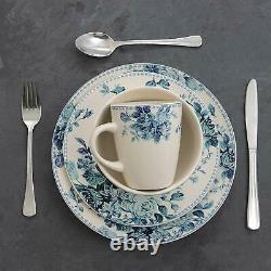 16 Piece Traditional Rose Stoneware Dinnerware Set Blue Service for 4