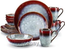 16 Pieces Red Dinnerware Set, Reactive Change Glaze Dinner Set, Plates and Bowls
