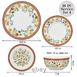 16 pc Fleurs des Prairies Bone China Dinner Set Porcelain Dinnerware Set