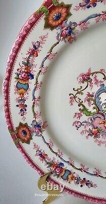 1950's Royal Cauldon Souvenir (Pink Rim) 10.5 Dinner Plate Set, Made in England