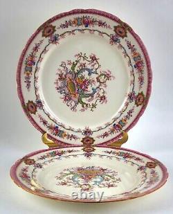 1950's Royal Cauldon Souvenir (Pink Rim) 10.5 Dinner Plate Set, Made in England