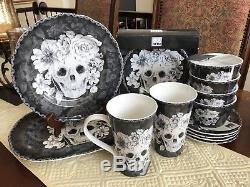 222 FIFTH Black White Skull MARBELLA Dinner Set Plate Bowl Mug Platter 21PC