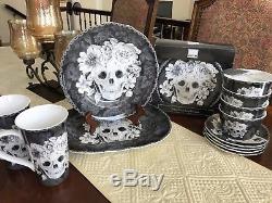 222 FIFTH Black White Skull MARBELLA Dinner Set Plate Bowl Mug Platter 21PC