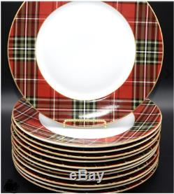 222 Fifth WEXFORD RED Plaid Tartan 12 Dinner Plates NIB Set of Twelve 12
