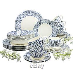 30 Pc Dinner Set White Blue Oriental Style Stoneware Plates Bowls Cups Saucers