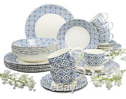 30 Pc Dinner Set White Blue Oriental Style Stoneware Plates Bowls Cups Saucers