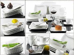 30PC Complete Dinner Set Square Curved Plates Cups Saucers Crockery Dining Set