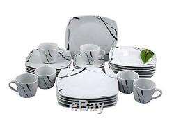 30pc Dinner Set Porcelain Stoneware Square Dinnerware Cups Saucer Plates Kitchen