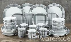 30pc Grey Tartan Dinner Set Christmas Gift Crockery Xmas Dining Plates Bowls Mug