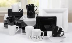 32 Piece Black & White Stoneware Square Dinner Service Set Plates Bowls Mugs UK