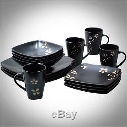 32 Piece Square Dinnerware Set Stoneware Dish Plates Dinner Service For 8 Black
