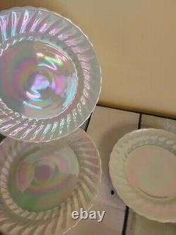 4 Rare Fire King Aurora Swirl Shell Dinner & Salad Plates Iridescent Moonglow