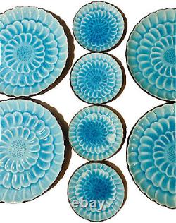 4 Set Gorgeous Visun China Turquoise Blue Crackle Flower Plates Dinner & Salad
