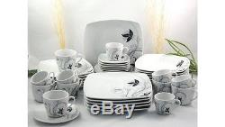 42 pcs Dinner Plates Set Porcelain Square Floral Tableware Dinnerware Cup Saucer