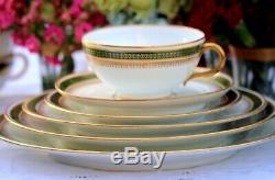 42pc Limoges France dinner set for 6 Green Gold plates cups Mint