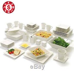 45 Piece White Dinnerware Set Square Banquet Plates Dishes Bowls Kitchen Dinner