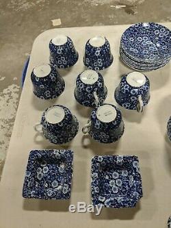 45 pieces crownford Staffordshire England Calico Blue Dinner lunch set vtg
