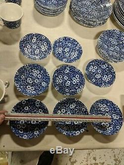 45 pieces crownford Staffordshire England Calico Blue Dinner lunch set vtg