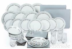 50Pc Porcelain White & Silver Dinner Side Plate Bowl Set Dinnerware Crockery Set
