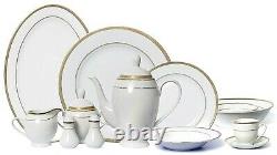 57 Piece Bone China Dinner Dish Set for 8 White Plates with Gold Banded Trim
