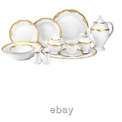 57 Piece Porcelain Dinnerware Set Gold Trim, Wavy Edge Service for 8 Person