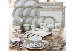 70 Piece Round White Mocha Dinner Set Service Kitchen Plates Cups Bowls Cutlery