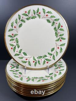 8 Lot Lenox Holiday Dinner Plates Holly Berry Set Gold Trim 10.75 Excellent