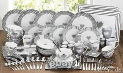 80pc Heart Dinner Set Plates Bowls Mugs Egg Cups Placemat Coaster + 24pc Cutlery