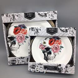 8pc Ciroa Wicked Skull Pink Red Rose Dinner Salad Plate Set Halloween Fine China