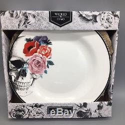 8pc Ciroa Wicked Skull Pink Red Rose Dinner Salad Plate Set Halloween Fine China