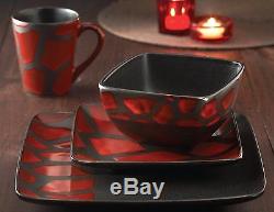 American Atelier Dinnerware Set 16pc Dishes Plates Square Red Black Dinner #4166