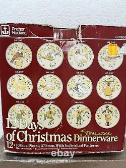 Anchor Hocking 12 Days of Christmas Dinner Plates Stoneware COMPLETE Set In Box