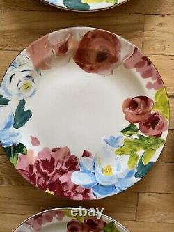 Anthropologie Anais Floral Dinner Plates Set Of 7 Gold Rims Hand Painted