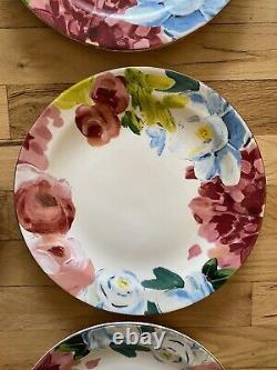 Anthropologie Anais Floral Dinner Plates Set Of 7 Gold Rims Hand Painted