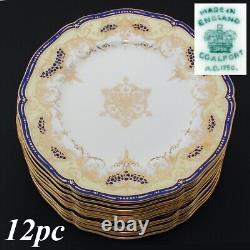 Antique Coalport English Porcelain 12pc 10.25 Dinner Plate Set, Gold & Cobalt